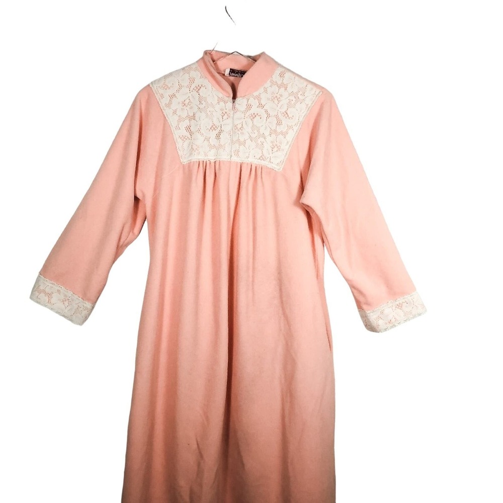 Vanity Fair Vintage House Coat Robe Floral Pink Ivory Half Zip‎ Micro-Fleece
